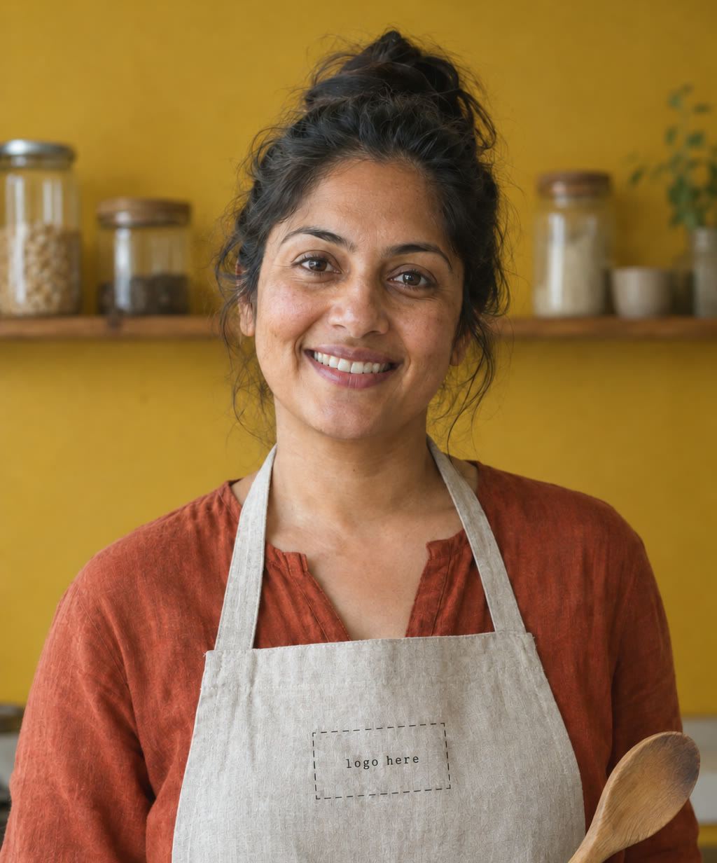 Cooking creator in an apron with an empty logo spot on the bib