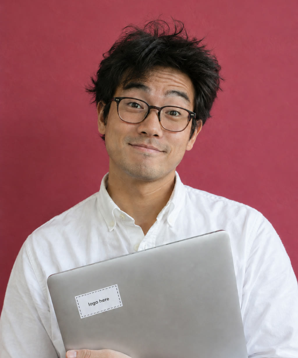 Tech reviewer holding a laptop with an empty logo sticker on the lid