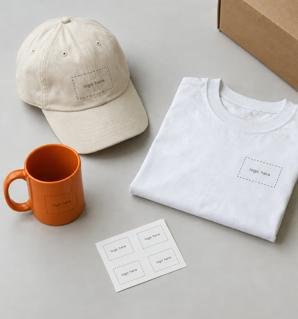 A blank cap, tee, mug and sticker sheet, each with an empty logo spot, unpacked from a shipping box